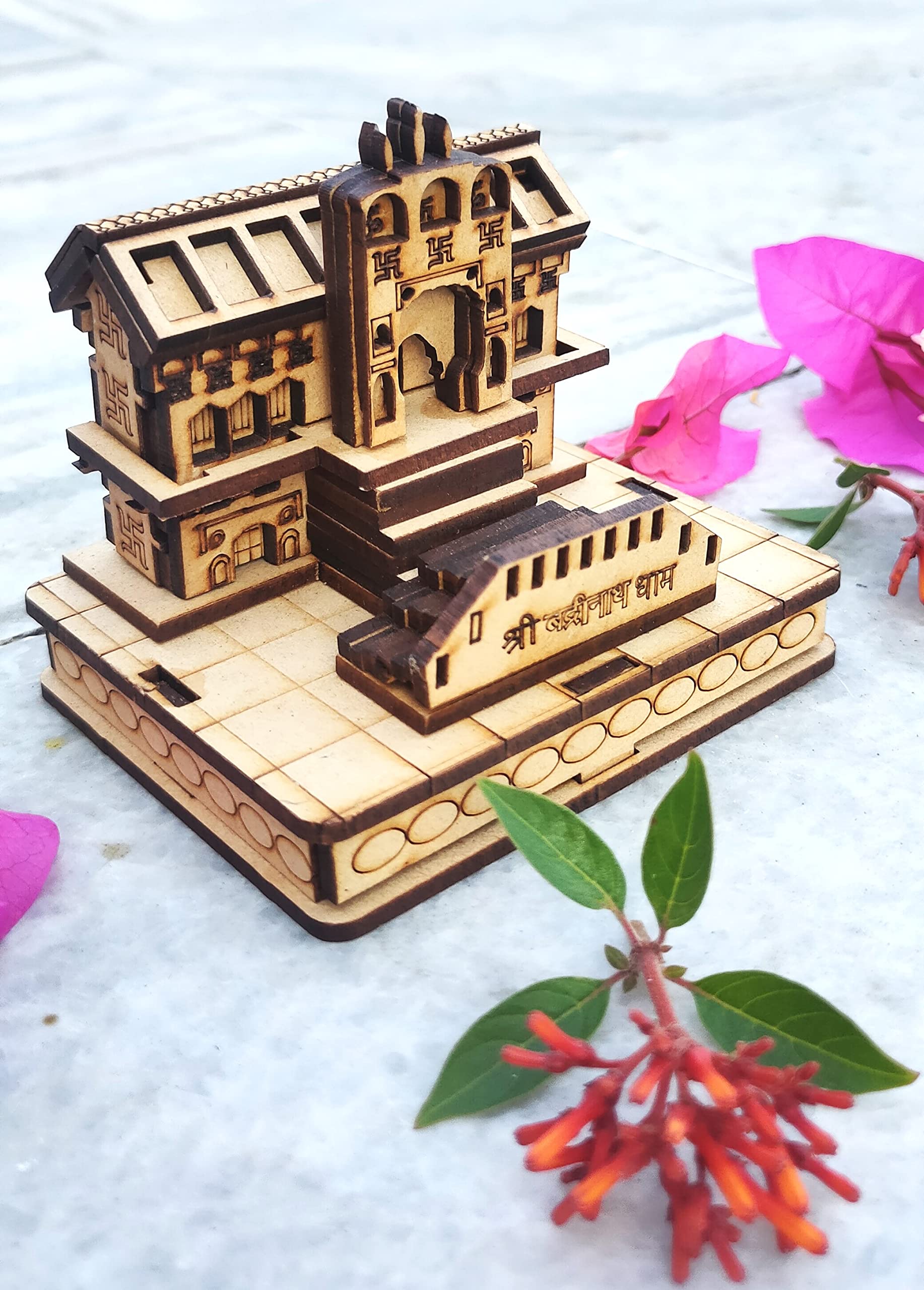MAPPERZ Wooden Handcrafted 3D Badrinath Temple The Place of Peace in Wood Miniature Small | Shri Badrinath Temple for Gifting, ShowPiece, Temple, Car Dashboard (Beige, Set of 1)