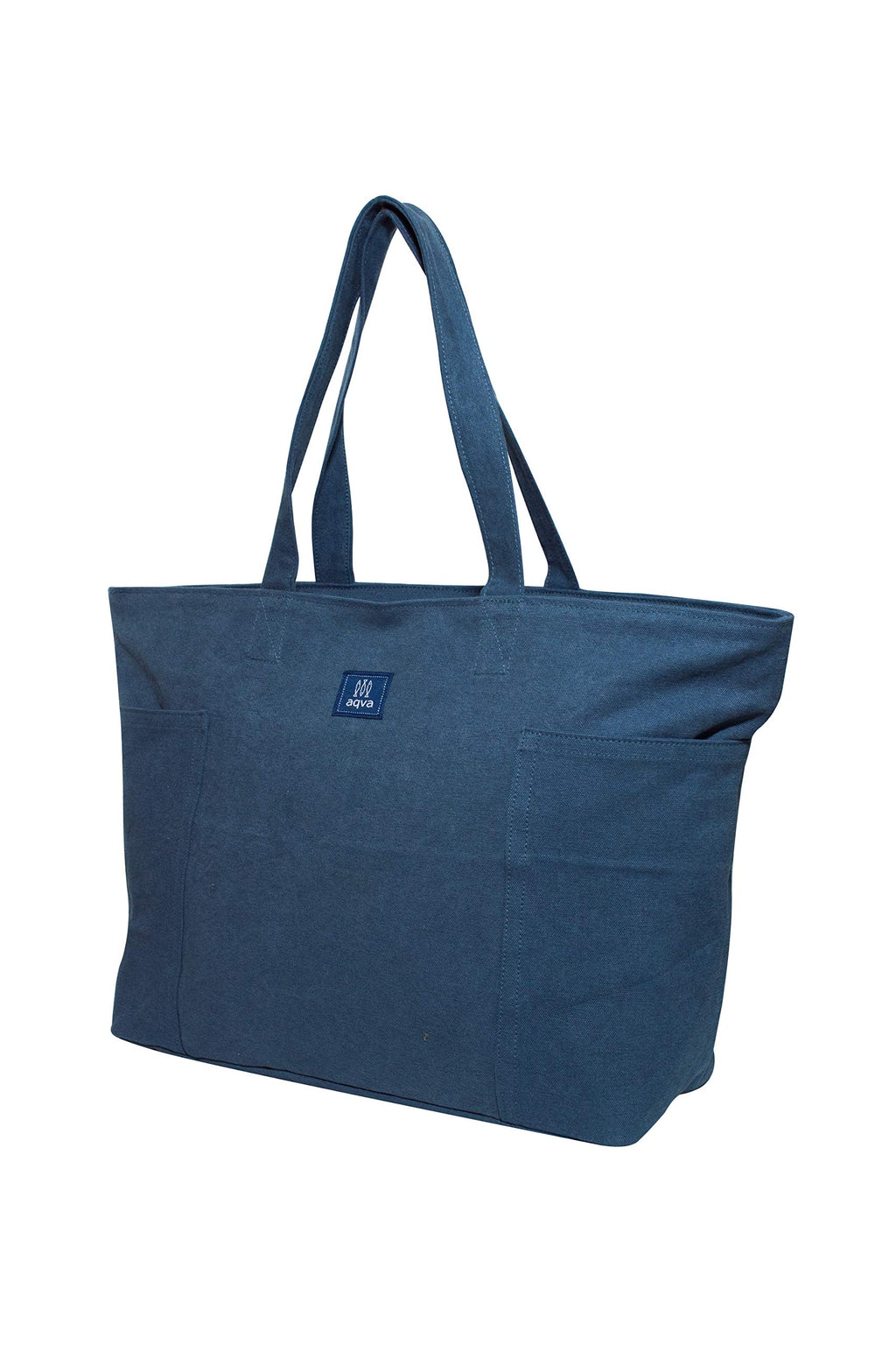 AQVA Unisex Handmade Eco-Friendly Washed Cotton Canvas Reusable Large Tote Bag with Top Zip Closure and Inner Zip Pocket for Grocery, Shopping, Travel, Work, Beach, Lunch (Royal Blue)