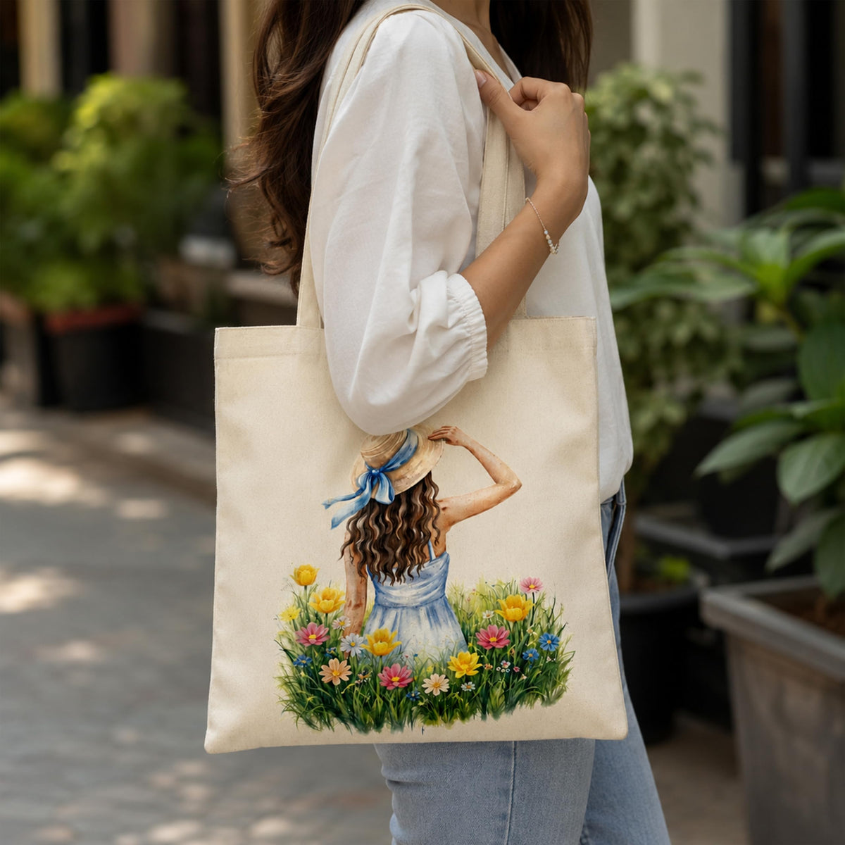 Filloxy Cotton Canvas Tote Bag -350 GSM | Heavy Duty Grocery, Office, Lunch, Travel & Gift Carry Bag | Printed Canvas Shoulder Tote (Natural Cotton) (cotton girl print bag -31 cm X 35 cm)