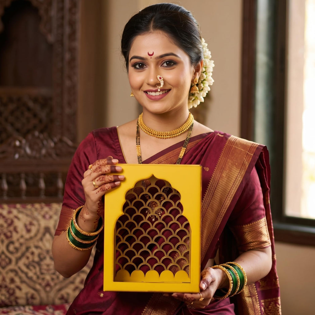 santarms Handcrafted Wooden Jharokha Temple for Home & Wall Hanging | Premium Yellow Pooja Mandir with Intricate Arch Lattice | Compact Wooden Mandir for Living Room, Office, & Wall Mount Decor