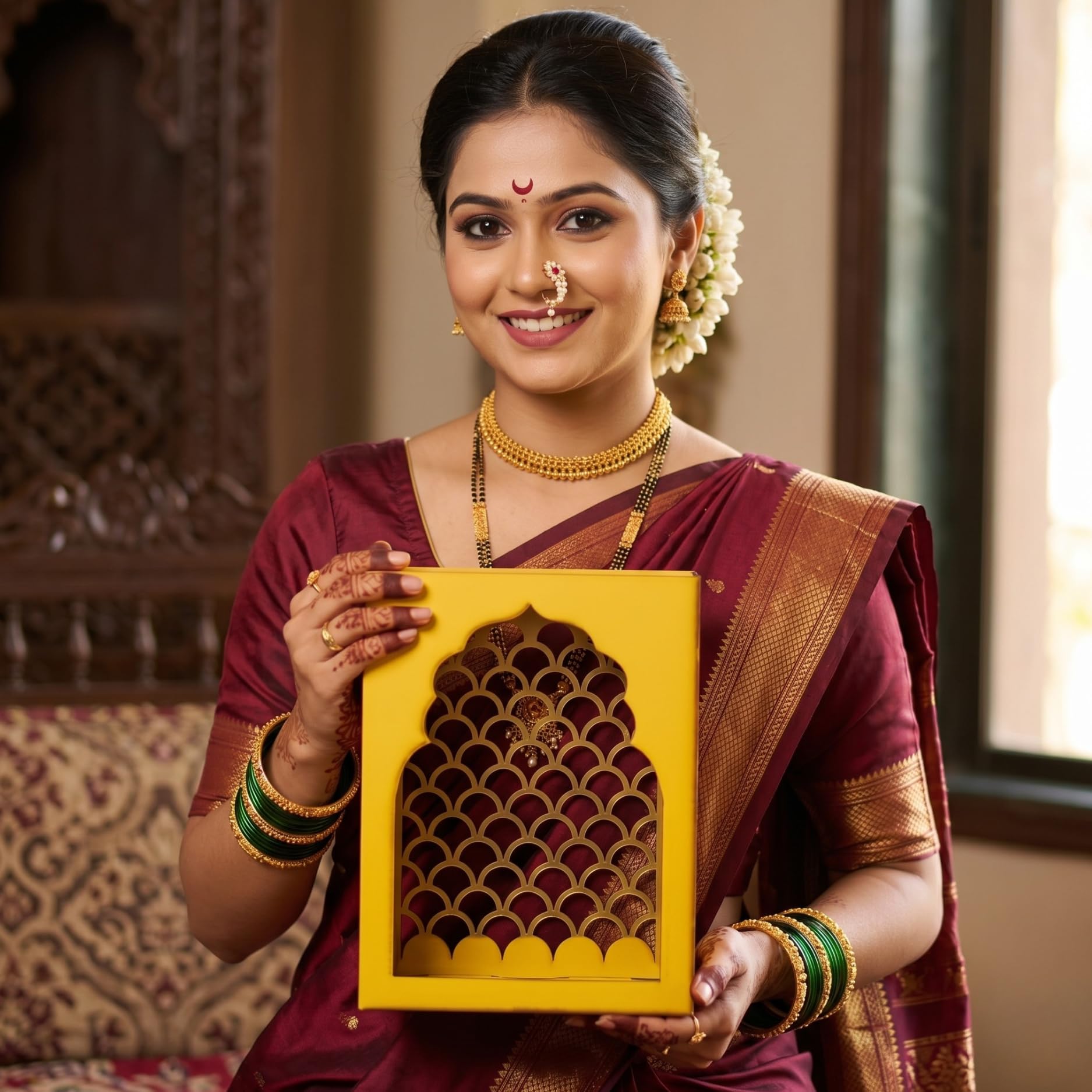 santarms Handcrafted Wooden Jharokha Temple for Home & Wall Hanging | Premium Yellow Pooja Mandir with Intricate Arch Lattice | Compact Wooden Mandir for Living Room, Office, & Wall Mount Decor