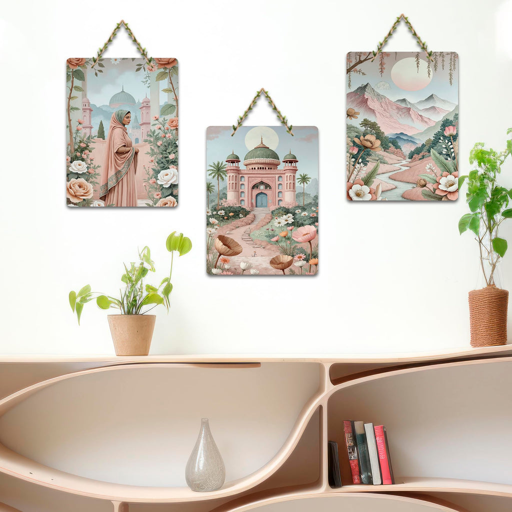 Artvibes Women In Front Of Palace & Mountains With Flowers Wooden Wall Hanger for Home Decor | Art For Wall | Wall Sculpture | Signs & Plaques | Wall Illustrations | Unique Gift (WH_9699N), Set of 3
