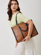 Fargo Iconic Tote Bag for Women | Vegan Leather Handbag with 15-Inch Laptop Compartment, Smooth Zip, Luxury Look | Stylish Office, College & Travel Tote | Made in India (Brown)