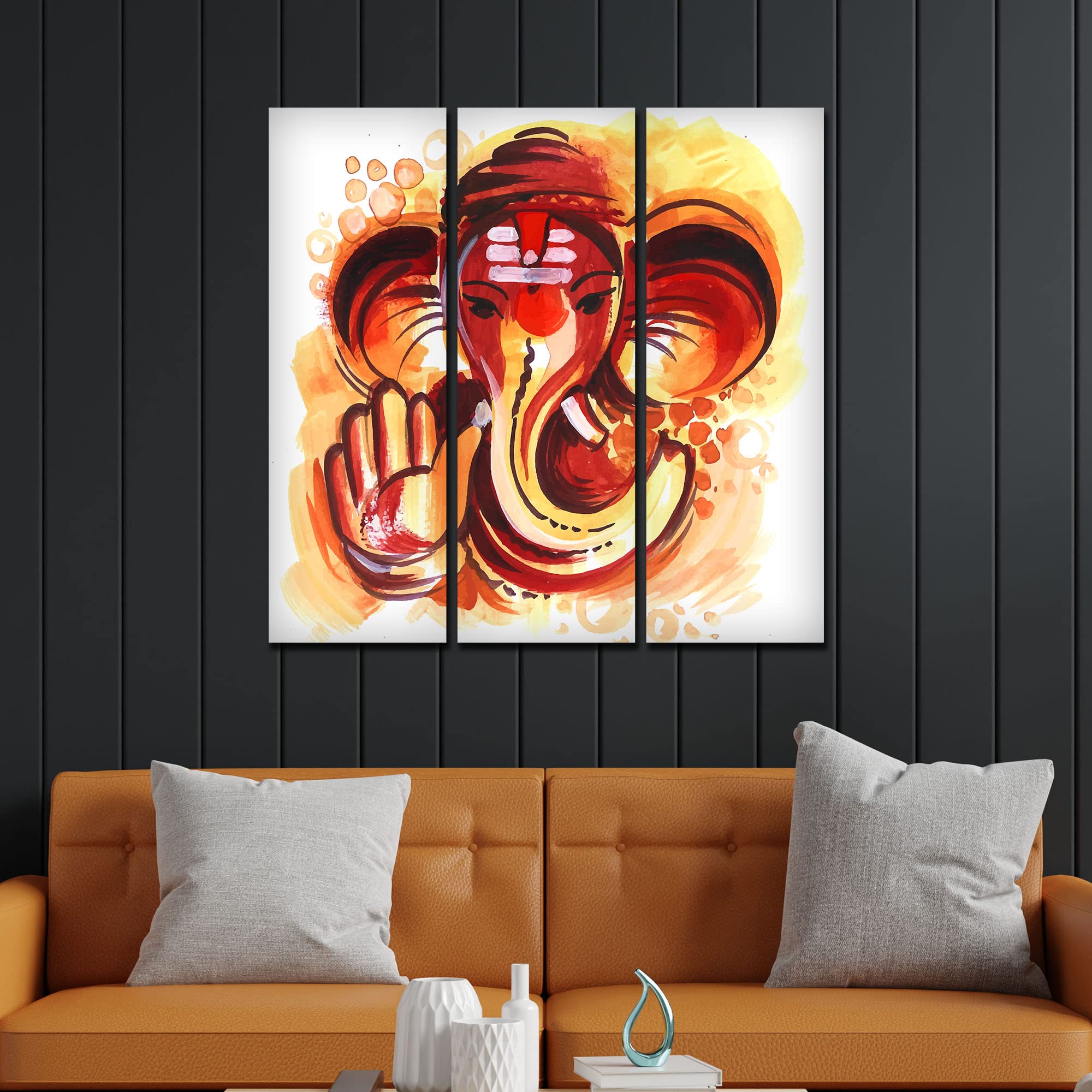 VIBECRAFTS Shree Ganesha Head 3 Pieces Canvas Wall Painting Fitted With Wooden Frame For Home | Office | Living Room | Gifts (PTVC3Pcs1_9577)