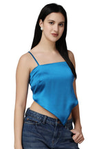 POPWINGS Casual Hankie Style Satin Solid Crop Top for Women || Square Neck Crop Top for Women || Sleeveless Crop Top for Women || Latest Stylish Women Crop Top for Summer Blue