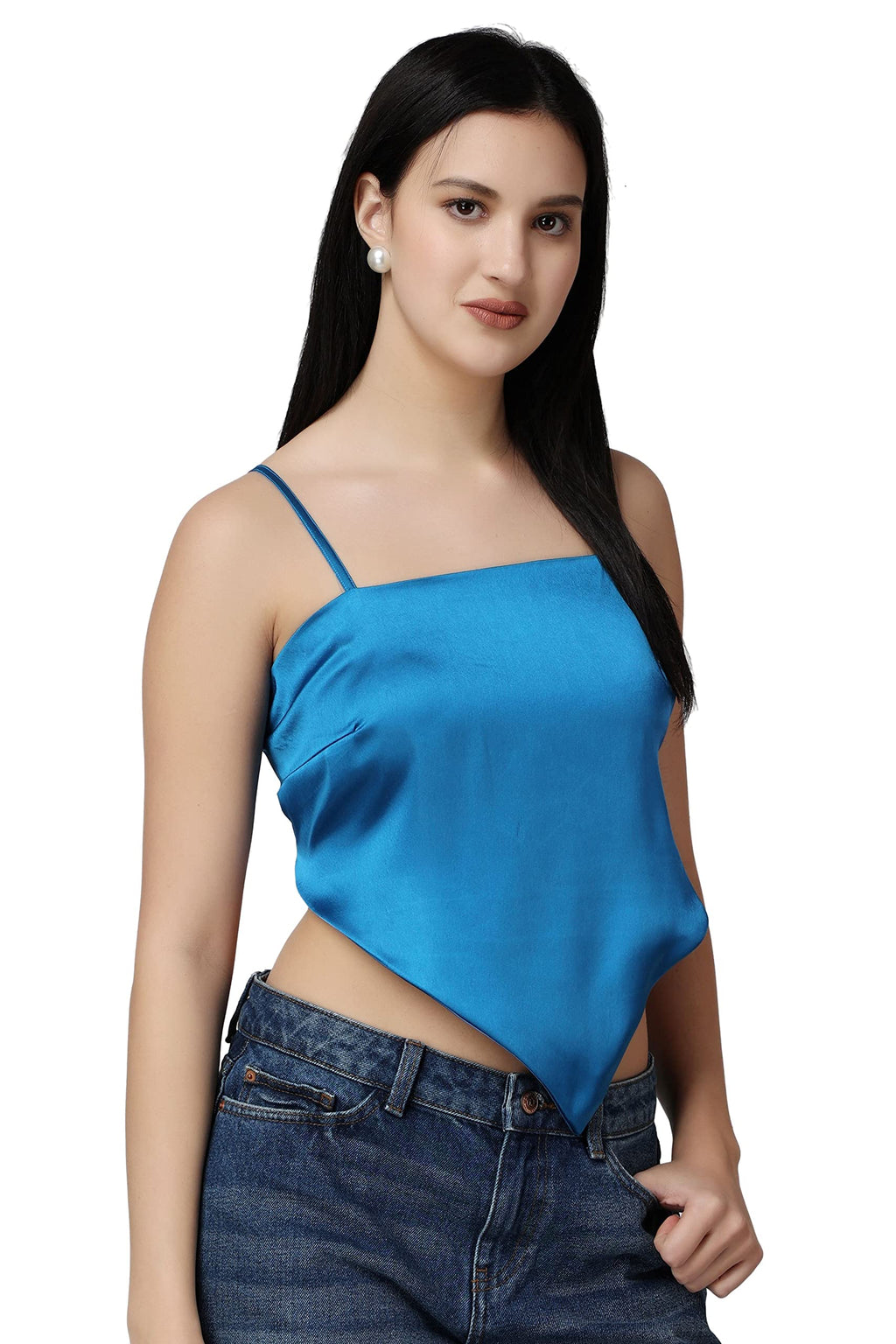 Popwings Women Casual Blue Satin Scarf Knot Solid Crop Top