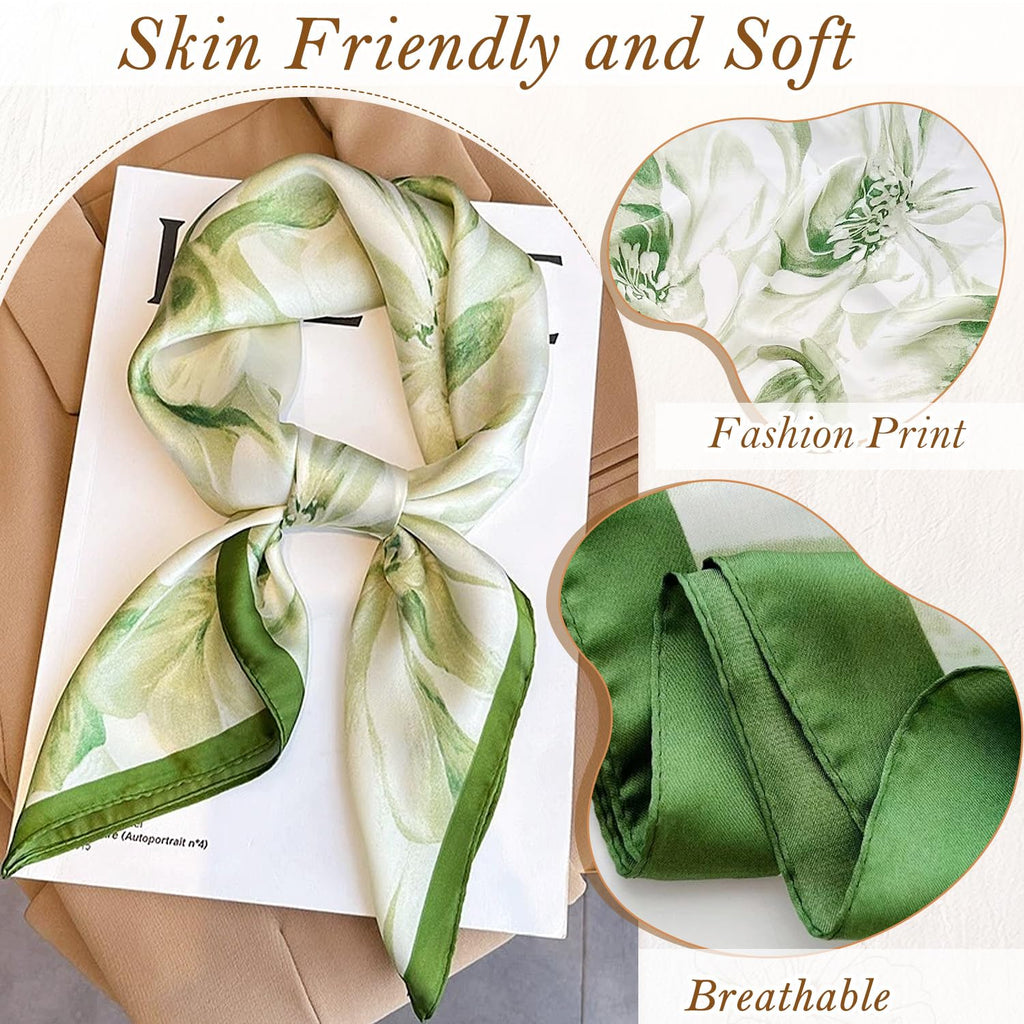 Luxeeva® Green Floral Silk Head Scarf for Women Stylish, 27.5 Lightweight Hijab Scarf for Summer Sun Protection & Satin Scarf, Soft Multipurpose Bandana for Hair Wrap Bag Accessory or Sleep Hair Tie