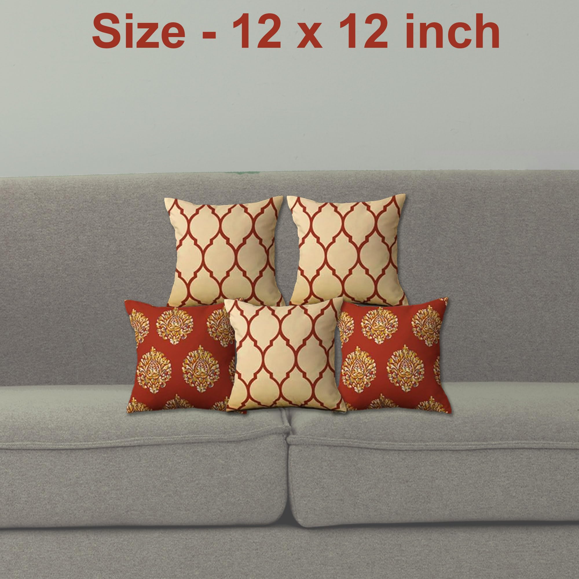 Trance Home Linen Set of 5 Premium 100% Cotton 12x12 inch Cushion Covers Only for Sofa and Diwan | Small Cushion Covers Only – (12x12 inch | 30cmx30cm, Dori & Damask Clay Red) – Set of 5