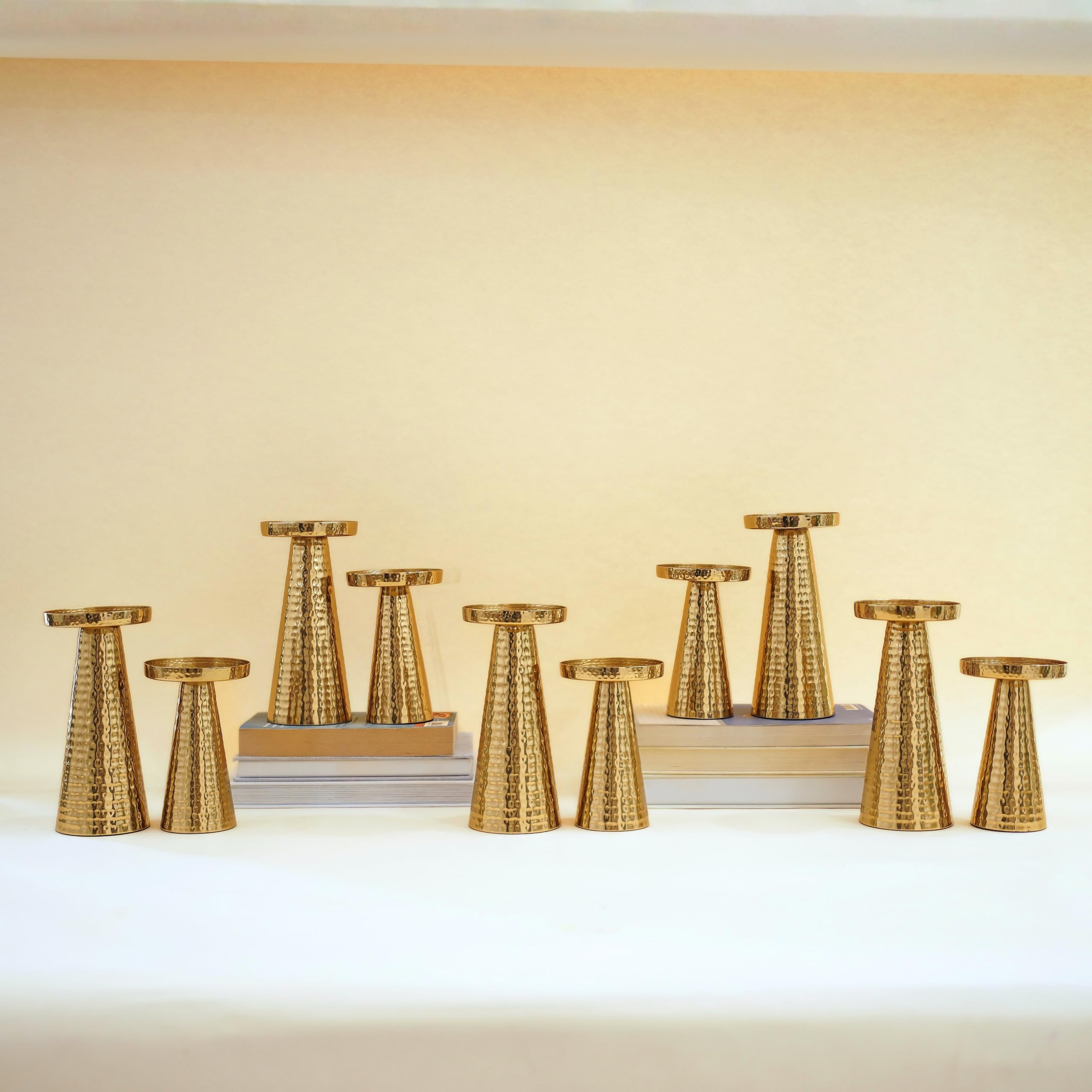 Behoma Handcrafted Hammered Gold Metal Pillar Candle Holders Pack of 5 Sets