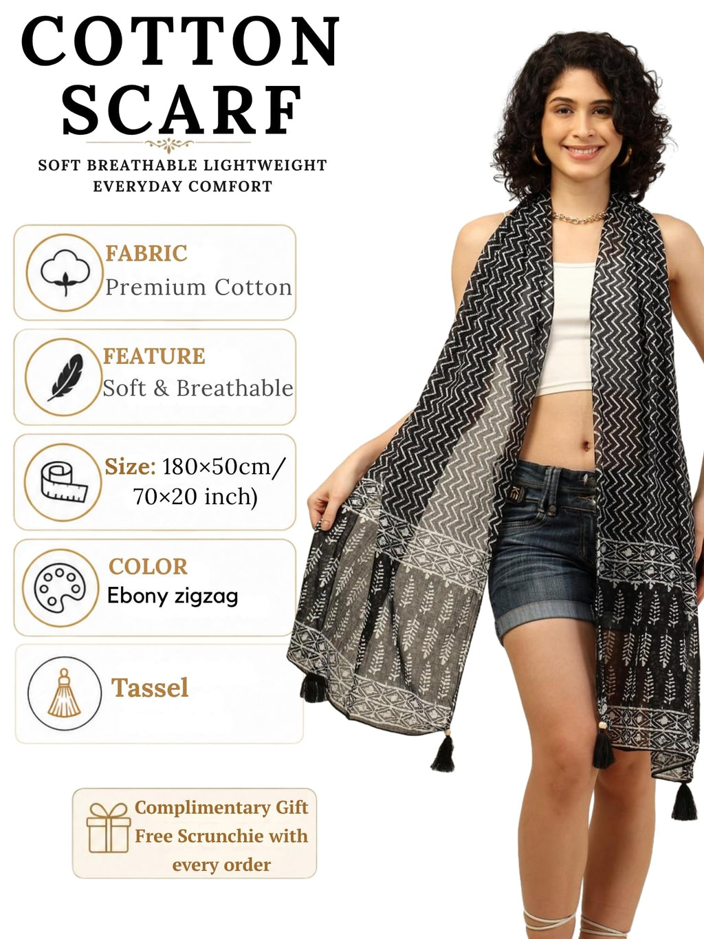 KE KANHA EXPORTS Scarf for Women Premium Cotton Boho | Dual Tone Border Print Stole with Tassels | Lightweight Summer Beach Wrap 180 x 50 cm (Ebony Zigzag)