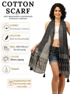 KE KANHA EXPORTS Scarf for Women Premium Cotton Boho | Dual Tone Border Print Stole with Tassels | Lightweight Summer Beach Wrap 180 x 50 cm (Ebony Zigzag)