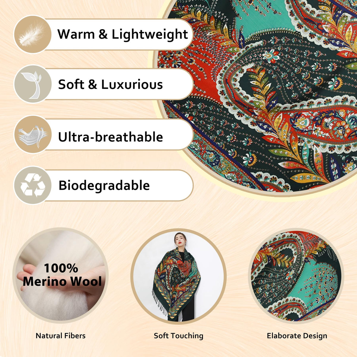 DANA XU 100% Merino Wool Extra Large Pashmina Shawl for Women