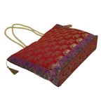 E - Ezra Designer Ethnic Handmade Brocade Silk Tote Bag For Women's Shoulder Bag Shopping Bag For Girls 16 Inch (Red)