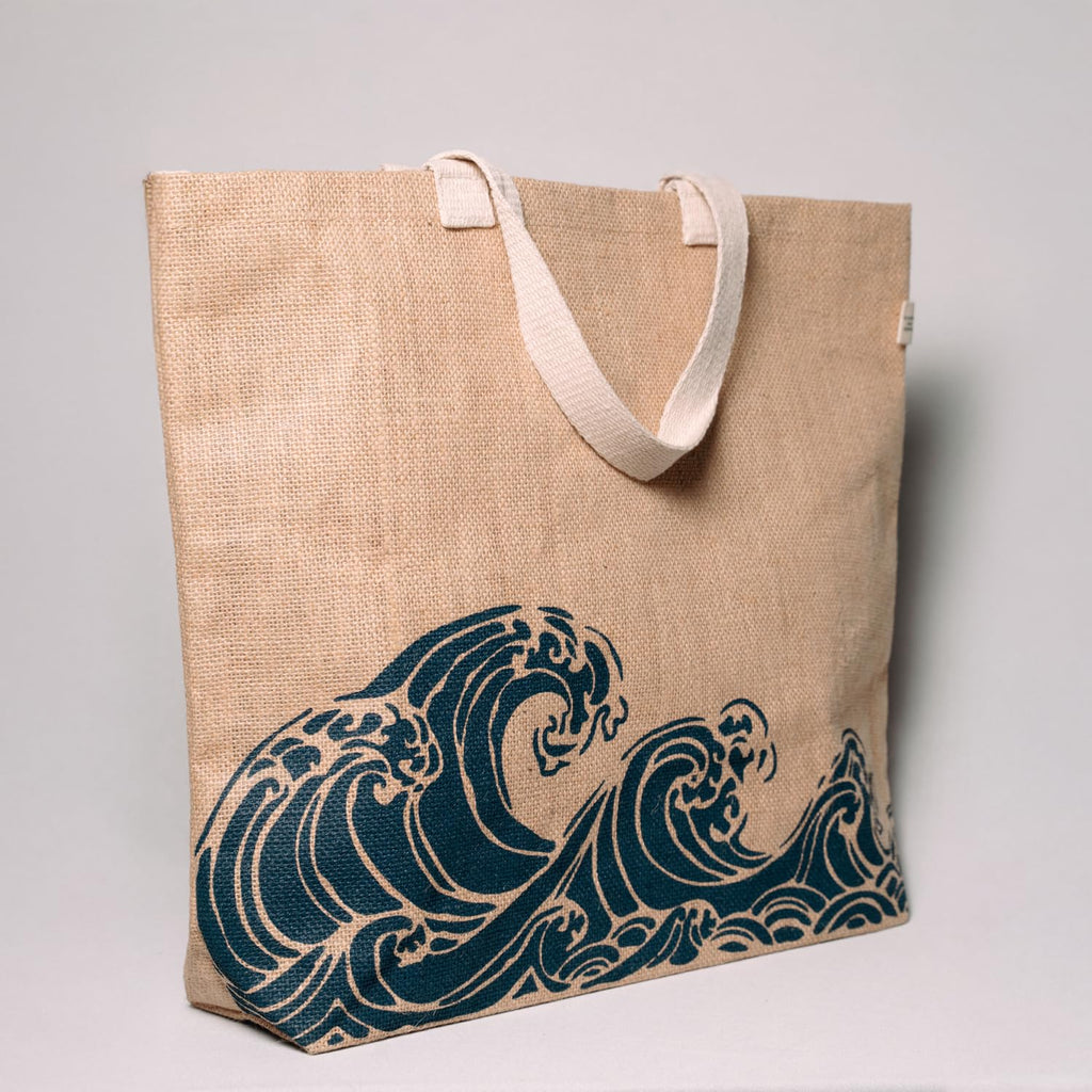 Jute Tote Bag with Cotton Handles | Eco-Friendly Hand Screen Printed Wave Design Shopping Bag | Reusable Natural Jute Bag with Azo-Free Dye Print