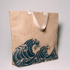 Jute Tote Bag with Cotton Handles | Eco-Friendly Hand Screen Printed Wave Design Shopping Bag | Reusable Natural Jute Bag with Azo-Free Dye Print