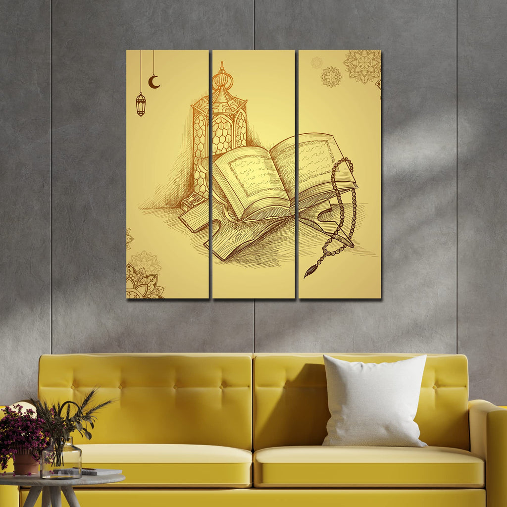 VIBECRAFTS The Holy Book Quran 3 Pieces Canvas Wall Painting Fitted With Wooden Frame For Home | Office | Living Room | Gifts (PTVC3Pcs1_9587)