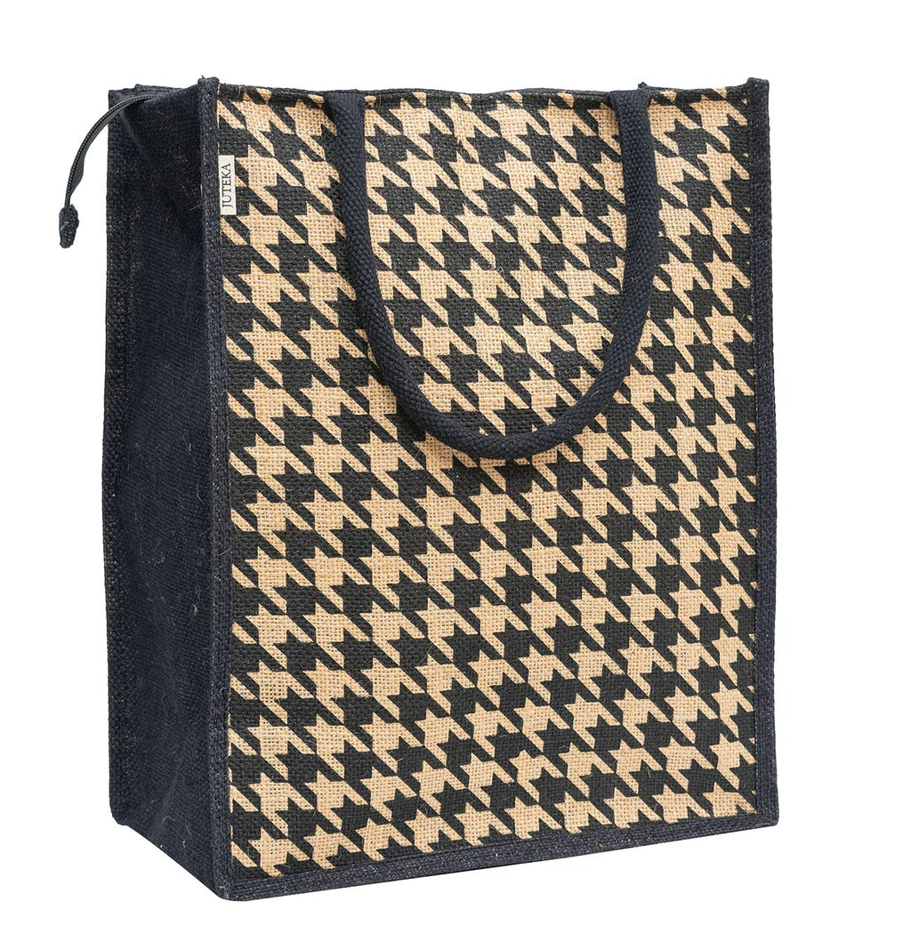 JUTEKA Natural Brown Houndstooth Printed Jute Bag Lunch Bag, Grocery Bag, Tote Bag, Hand Bag, Picnic Bag - Bag for Men, Bag for Women, Girls Bag, Lunch Hand Bag for Kids with Zip
