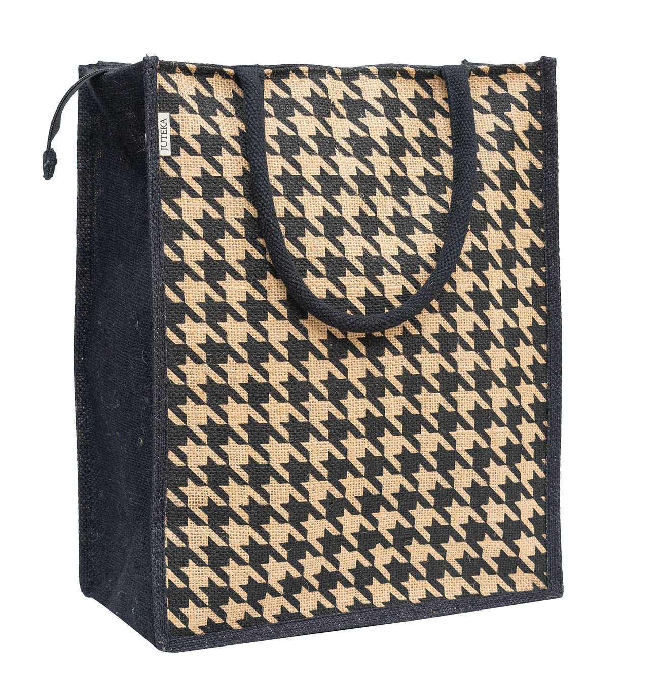JUTEKA Natural Brown Houndstooth Printed Jute Bag Lunch Bag, Grocery Bag, Tote Bag, Hand Bag, Picnic Bag - Bag for Men, Bag for Women, Girls Bag, Lunch Hand Bag for Kids with Zip