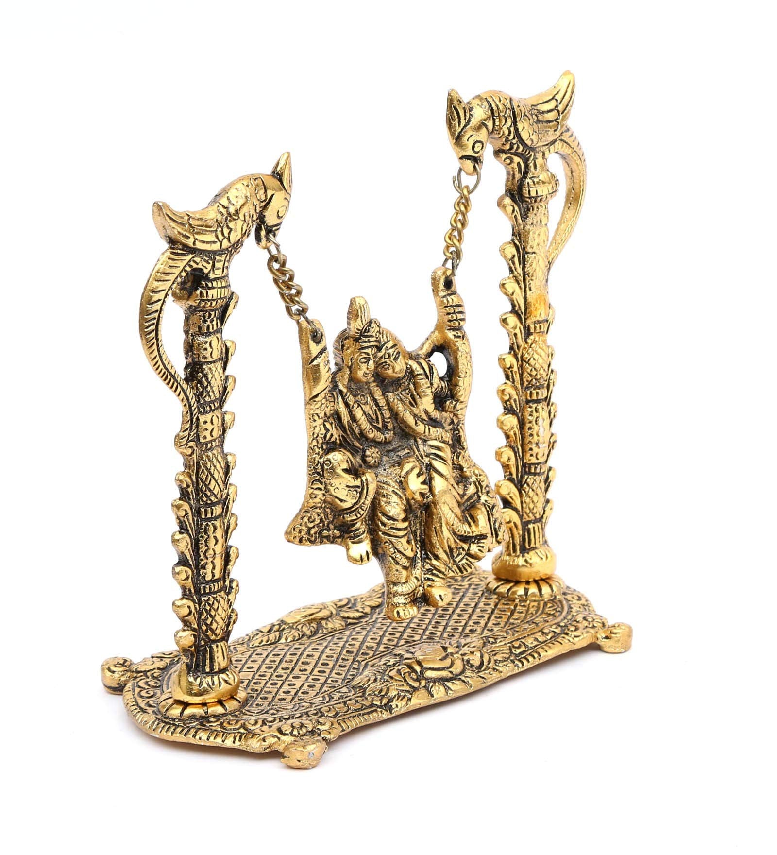 KridayKraft Radha Krishna on Swing jhula Gold Plated Metal Statue Decor Your Home, Office (Medium)