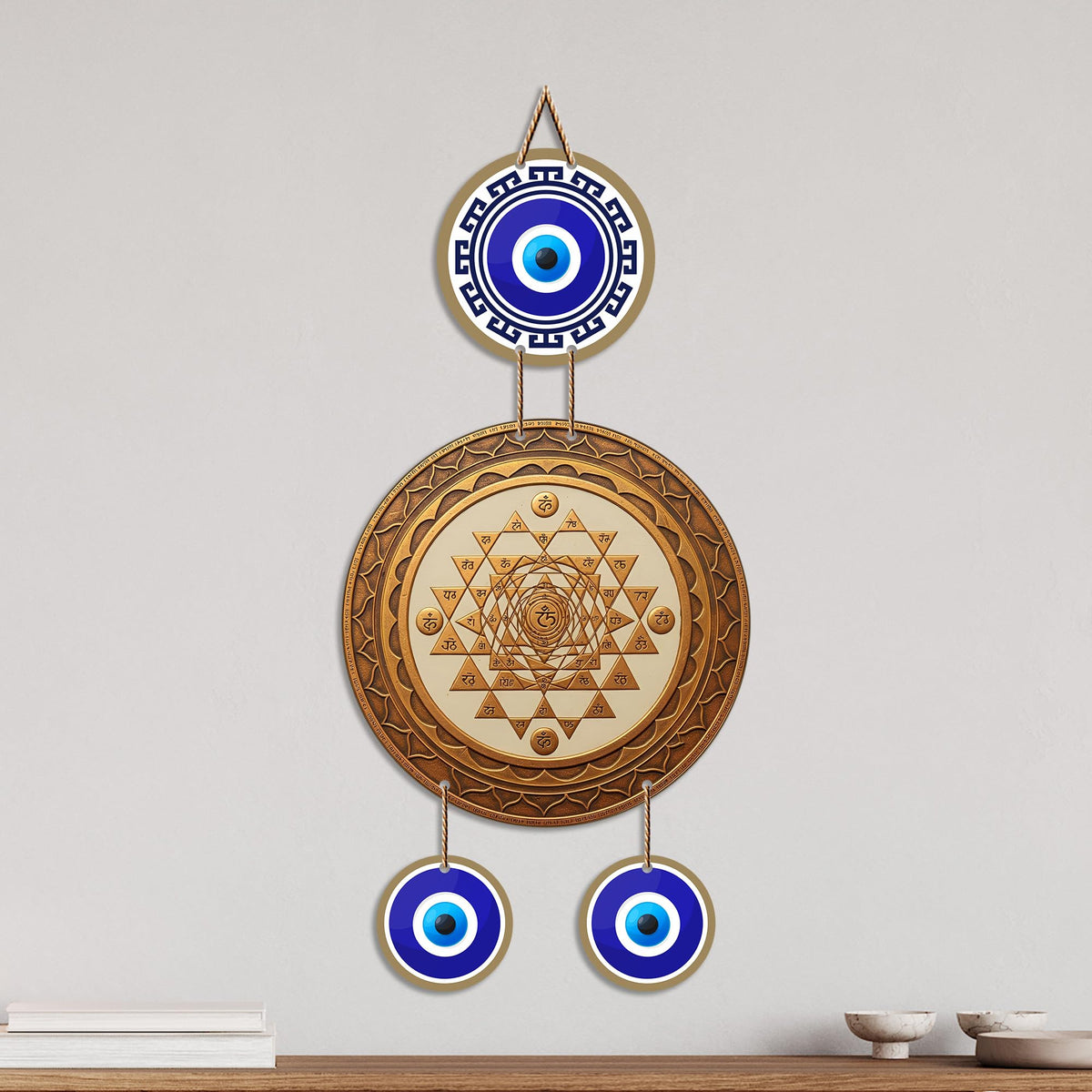 Artvibes Wooden Sri Yantra Evil Eye Wall Hanging Decor for Home and Office | Sacred Vastu Energy Balancing Ornament | Spiritual Wall Accent for Entrance and Gift Giving (WH_85137N)