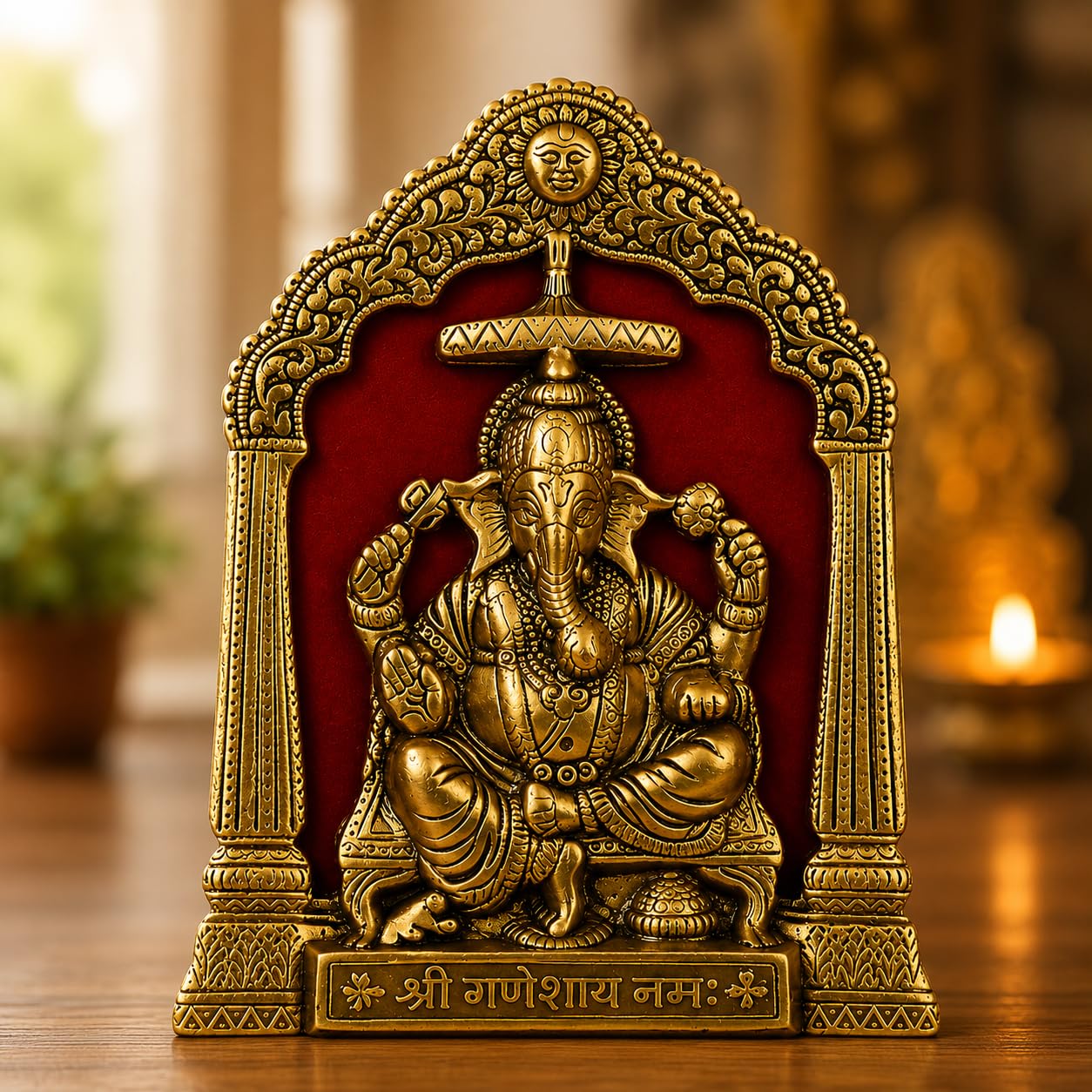 KridayKraft Metal Ganesha ji statue in woodan frem,Ganpati Wall Hanging Sculpture Idol and table top Your Home, Office,Religious Gift Article Decorative,Showpiece Figurines