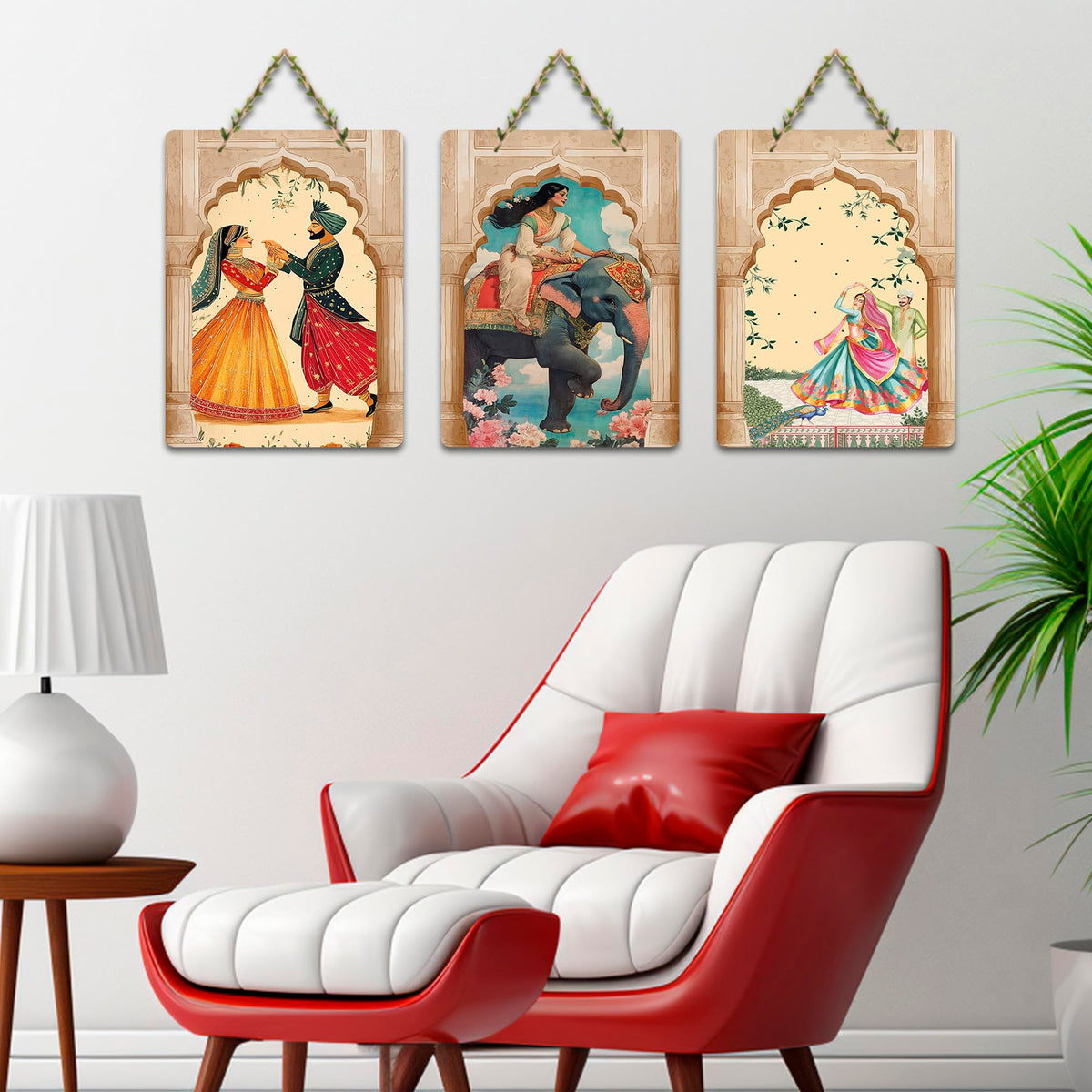 Artvibes Indian Culture Artwork Decorative Wall Art MDF Wooden Wall Hanger for Home | Printed Wall Decoration | Graphic Artwork | Aesthetic Wooden Decor | Sceneries | Ideal Gifts (WH_96125N), Set of 3