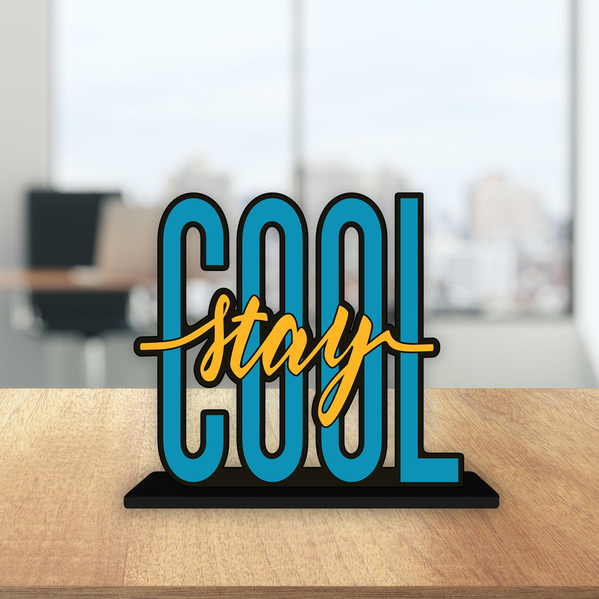 Artvibes Wooden Idols and Figurine Stay Cool Quotes Table Decoration for Office Desk | Home Decor Items | Living Room | Modern Art Wood Showpiece Gift Items (SP_1149), Inspirational