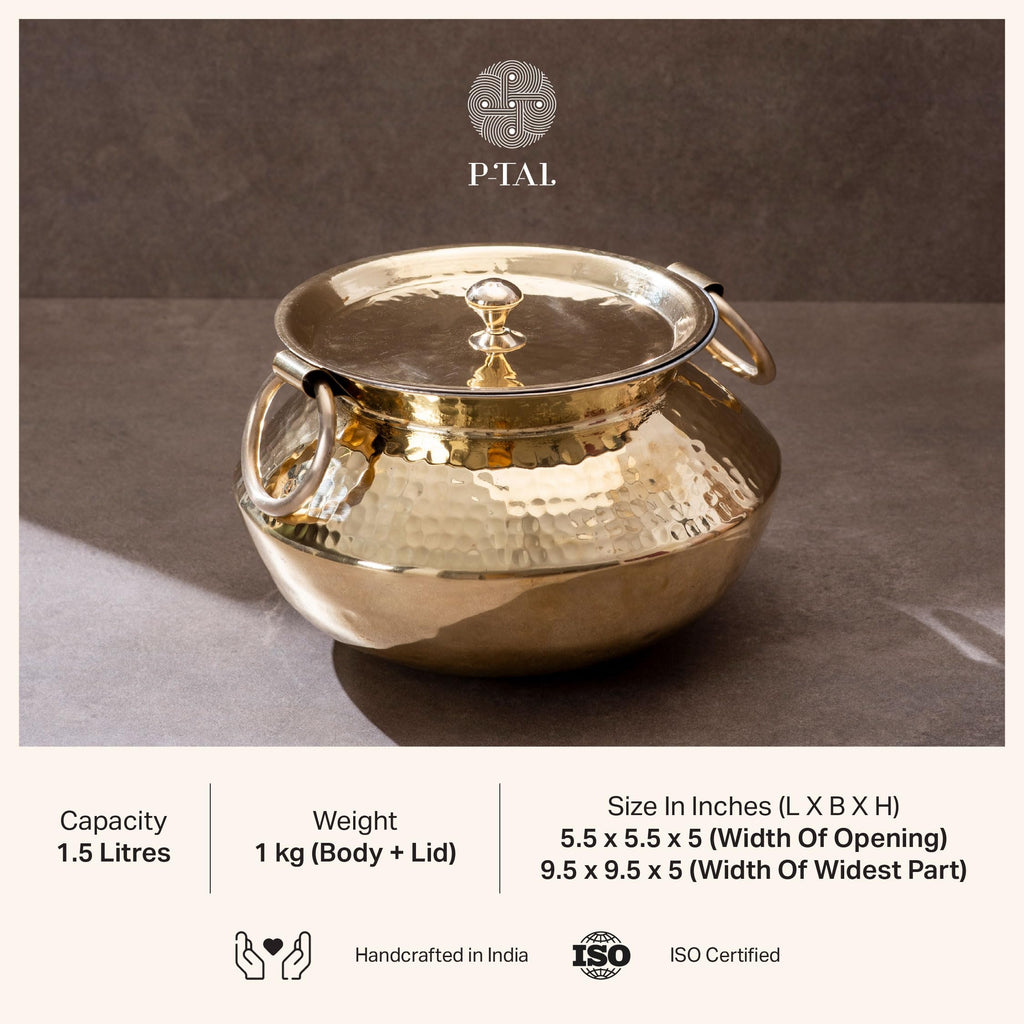 P-TAL Brass Patili with Lid and Handles for Cooking Teflon Free Degchi 1.5L Biryani Handi for Cooking Ptal Utensils for Your Kitchen (Free 30ml Copper & Brass Cleaning Solution)