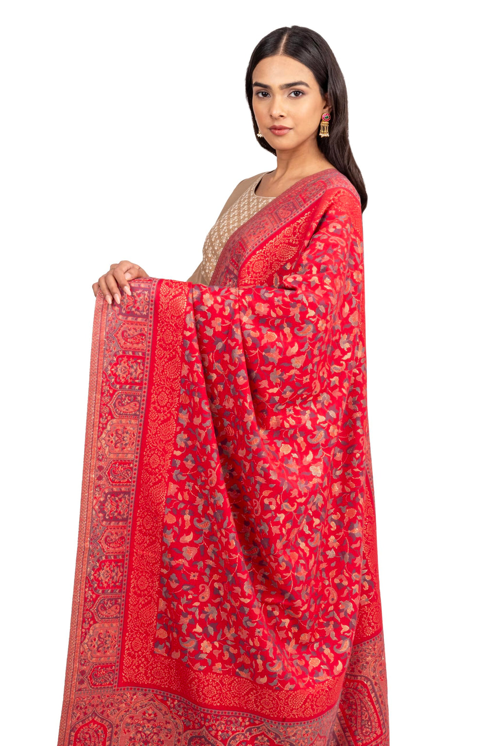 Naureen Women Faux Pashmina Kani Shawl with Mughal Artwork and Zari Accents, Warm and Soft, 40x80 inch