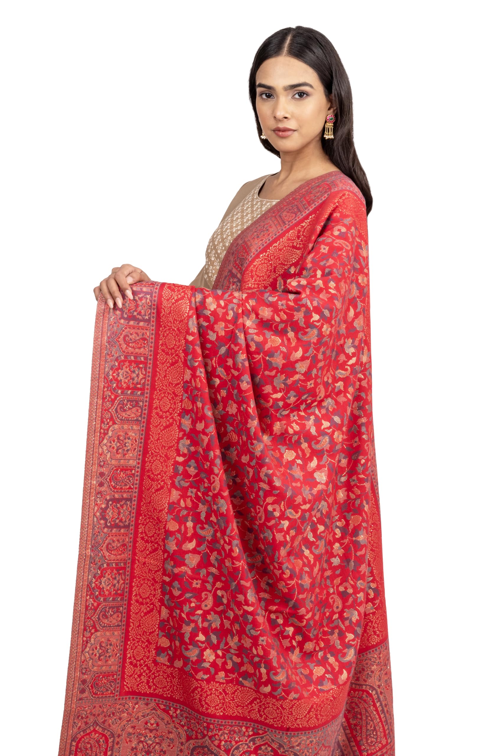 Naureen Women Faux Pashmina Kani Shawl with Mughal Artwork and Zari Accents, Warm and Soft, 40x80 inch