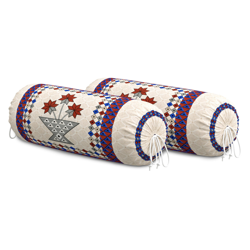 BLOCKS OF INDIA Cotton Hand Block Printed Bolster Cover | Booster Cover with Drawstring | Round Long Pillow Cover for Bed | Dewan Pillow Cover Set 16 X 32 | Set of 2 (Maroon Star)