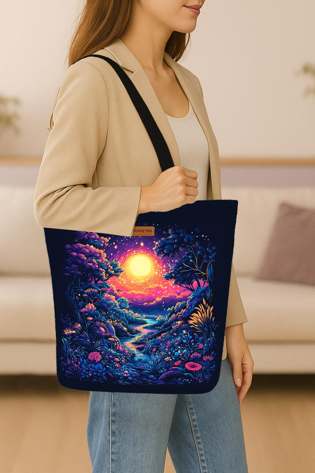 The Purple Tree Eco-Friendly Canvas Tote Bag, Sustainable, Reusable Shopping, Beach, Travel or Everyday Tote, Wide Tote Bag, Midnight Jungle