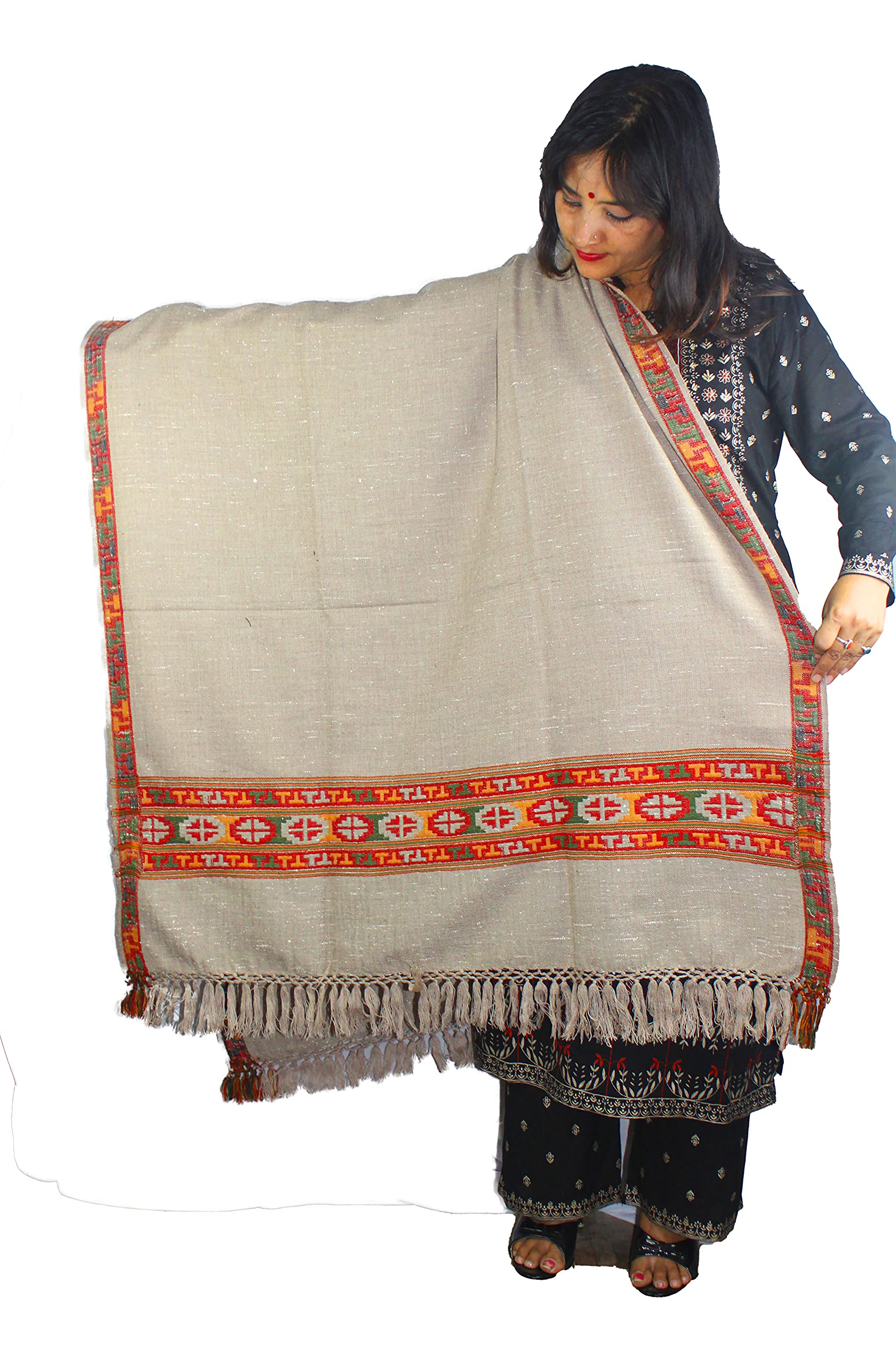Genuine HandWoven Kullu Woolen Shawl LIGHT GREY- Colored with Beautiful HandWoven Embroidery for Women and Girls.