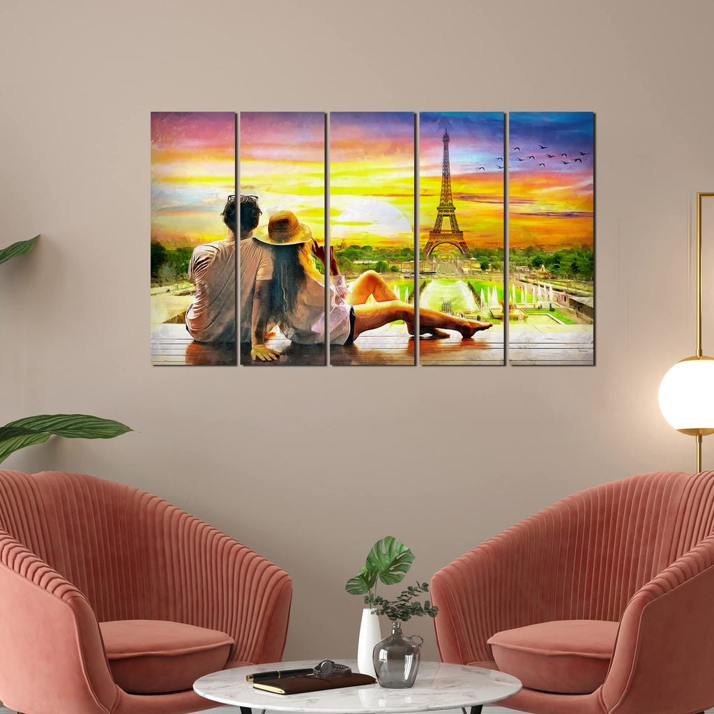 VIBECRAFTS Couple Watching Sunset Paris 5 Pieces Canvas Wall Painting For Home | Office | Living Room | Gift (PTVC5Pcs4_8524)