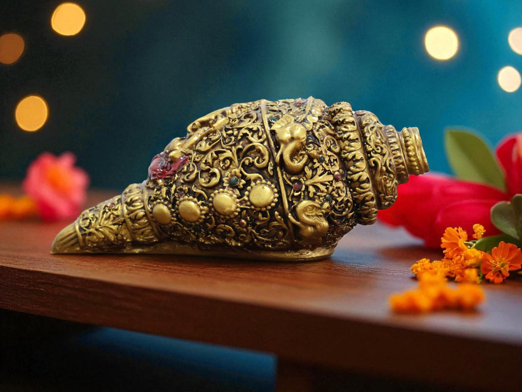 KridayKraft Decorative Lord Ganesha Shank, Gold-Toned, Conch Shell for Wealth, Prosperity and Good Luck Intricate Design, 22cm (9) x 11cm (4) polyresin