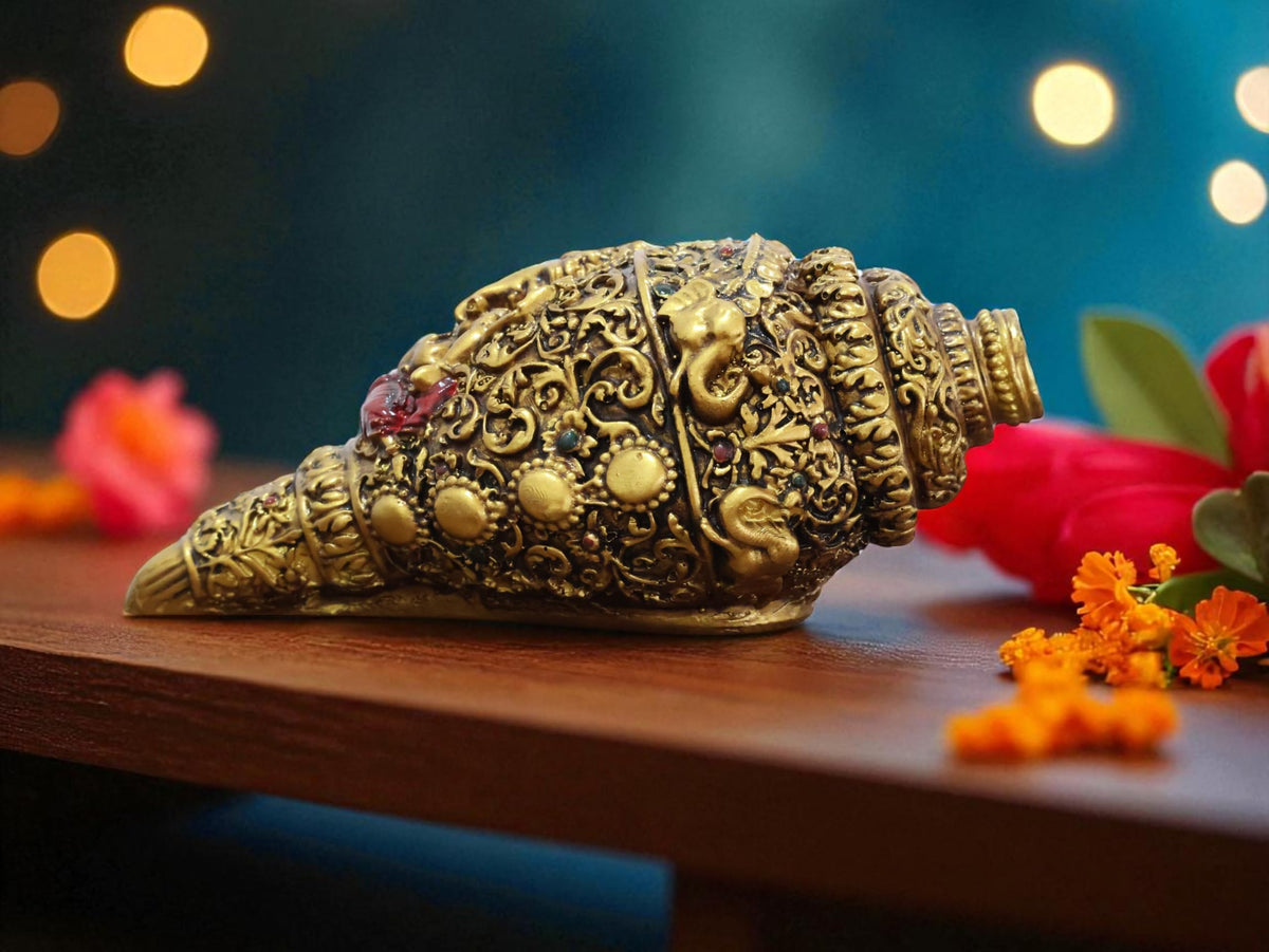 KridayKraft Decorative Lord Ganesha Shank, Gold-Toned, Conch Shell for Wealth, Prosperity and Good Luck Intricate Design, 22cm (9) x 11cm (4) polyresin