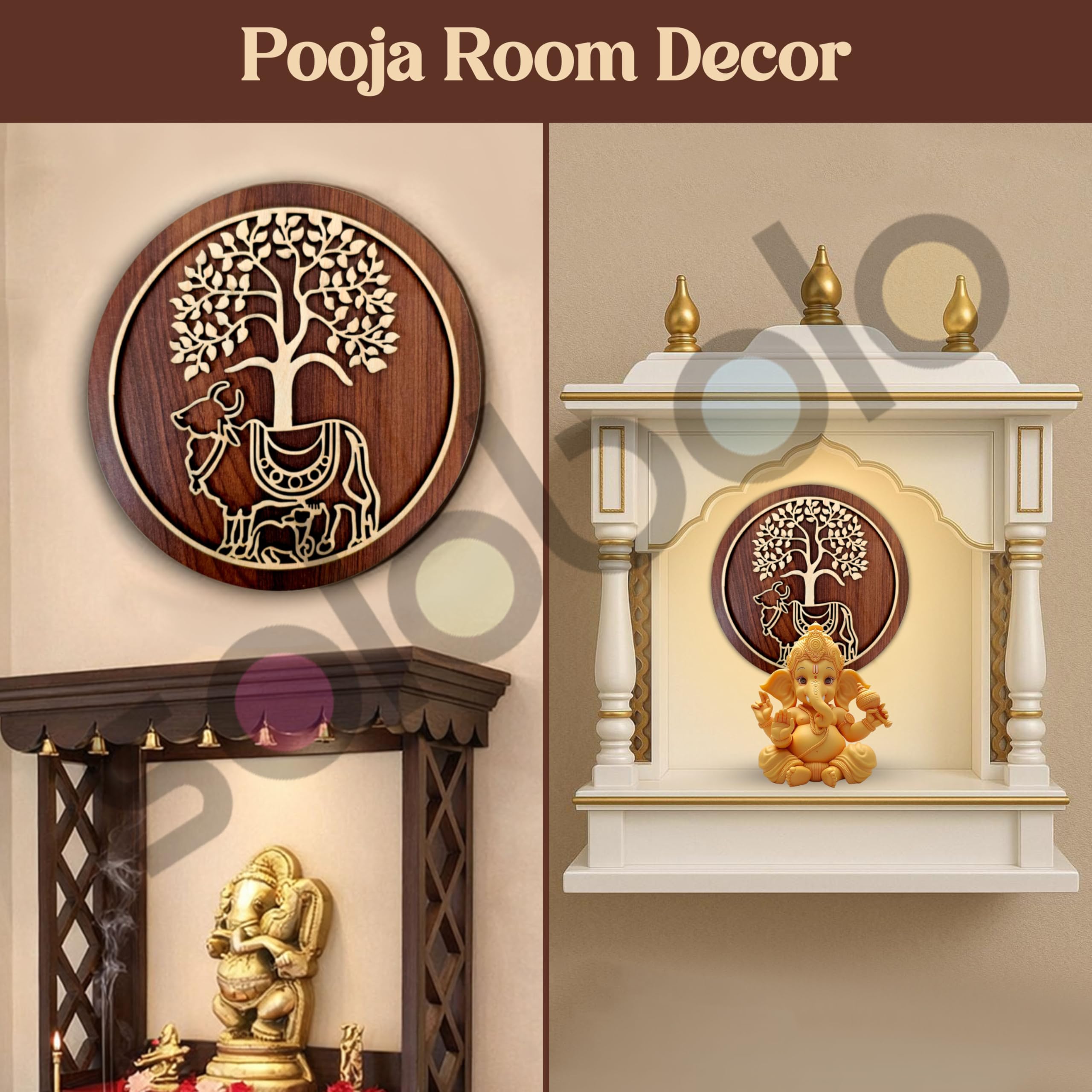 SOLOBOLO Kamdhenu Cow with Calf (Vasu) MDF Spiritual Wall Hanging | Mandir & Home Temple Decor for Pooja Room, Office & Door Entrance (6 Inches)