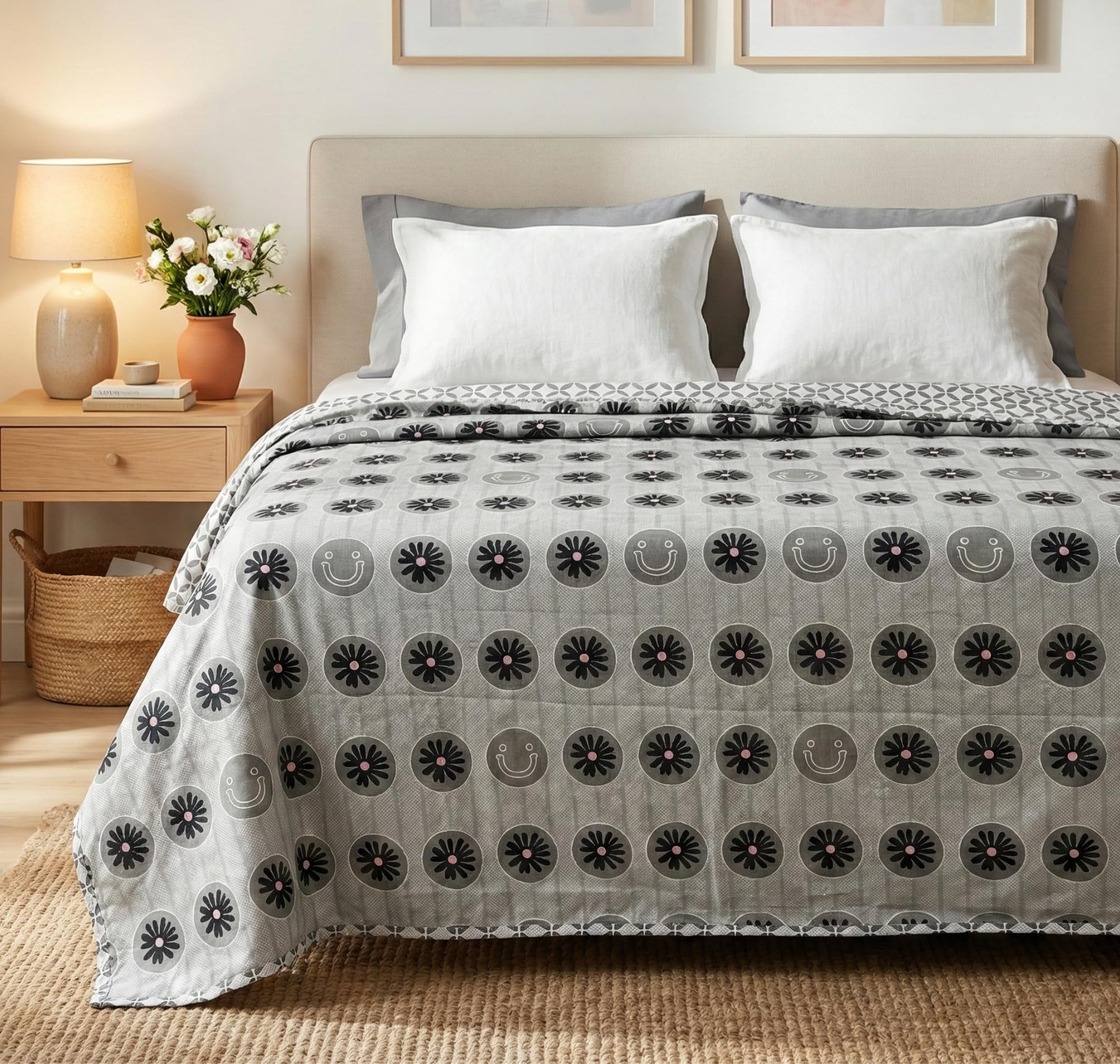 BSB HOME 100% Cotton Reversible Dohar Single Bed Size | AC Blanket Lightweight Summer Comforter | Soft Breathable Bed Blanket (152 x 225 cm) (Silver Blossom Grey) Kafalo