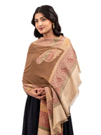 Naureen Women Faux Pashmina Kani Shawl with Contrast Palla, Warm and Soft, 40x80 inch (Beige)