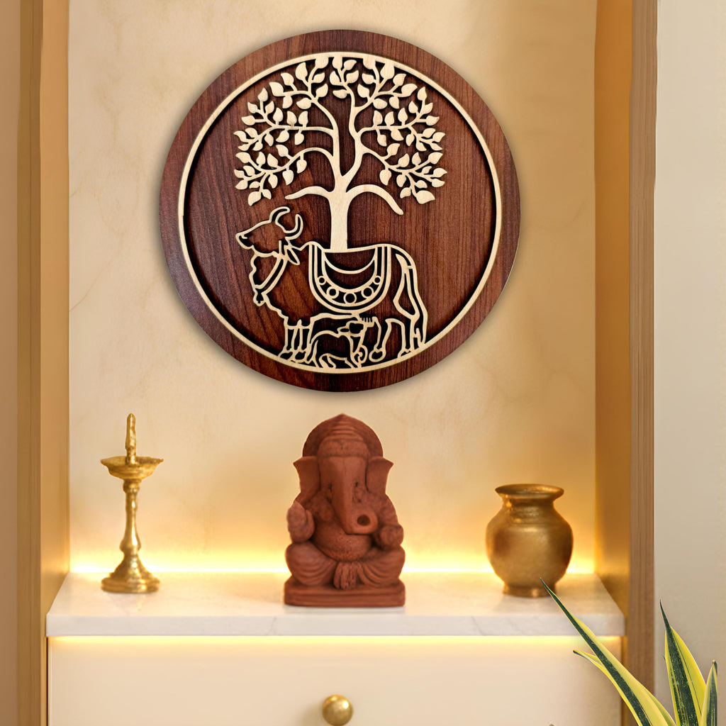 SOLOBOLO Kamdhenu Cow with Calf (Vasu) MDF Spiritual Wall Hanging | Mandir & Home Temple Decor for Pooja Room, Office & Door Entrance (6 Inches)