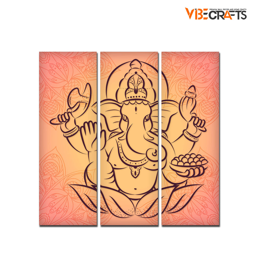 VIBECRAFTS 3 Pieces Beautiful Ganesha Canvas Wall Painting Fitted With Wooden Frame For Home | Office | Living Room | Gifts (PTVC3Pcs1_9555)