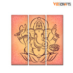 VIBECRAFTS 3 Pieces Beautiful Ganesha Canvas Wall Painting Fitted With Wooden Frame For Home | Office | Living Room | Gifts (PTVC3Pcs1_9555)