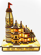 Teddy Berry Shri Ram Janmabhoomi Ayodhya Wooden 3D Temple Model with Yellow LED Lights - 7 Inch Decorative Spiritual Idol for Home & Office