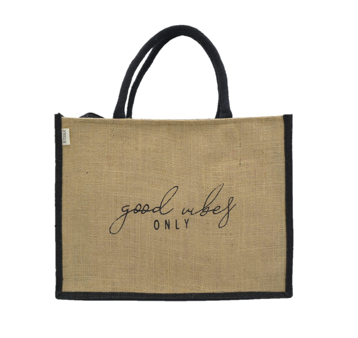 JUTEKA Unisex-Adult Natural And Black,Quote Printed Jute Bag For Lunch, Office, Grocery, Picnic, Tiffin, Shopping Hand Bag With Padded Cotton Handles
