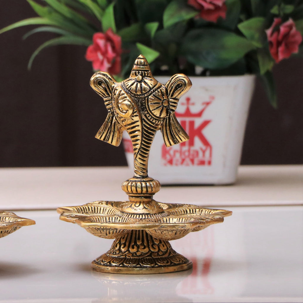 Kridaykraft Metal Tirupati Balaji Panch Mukhi Diya with Shanku Stand Gold Plated for Home and Office Pooja Room Decoration 5 batti Diya