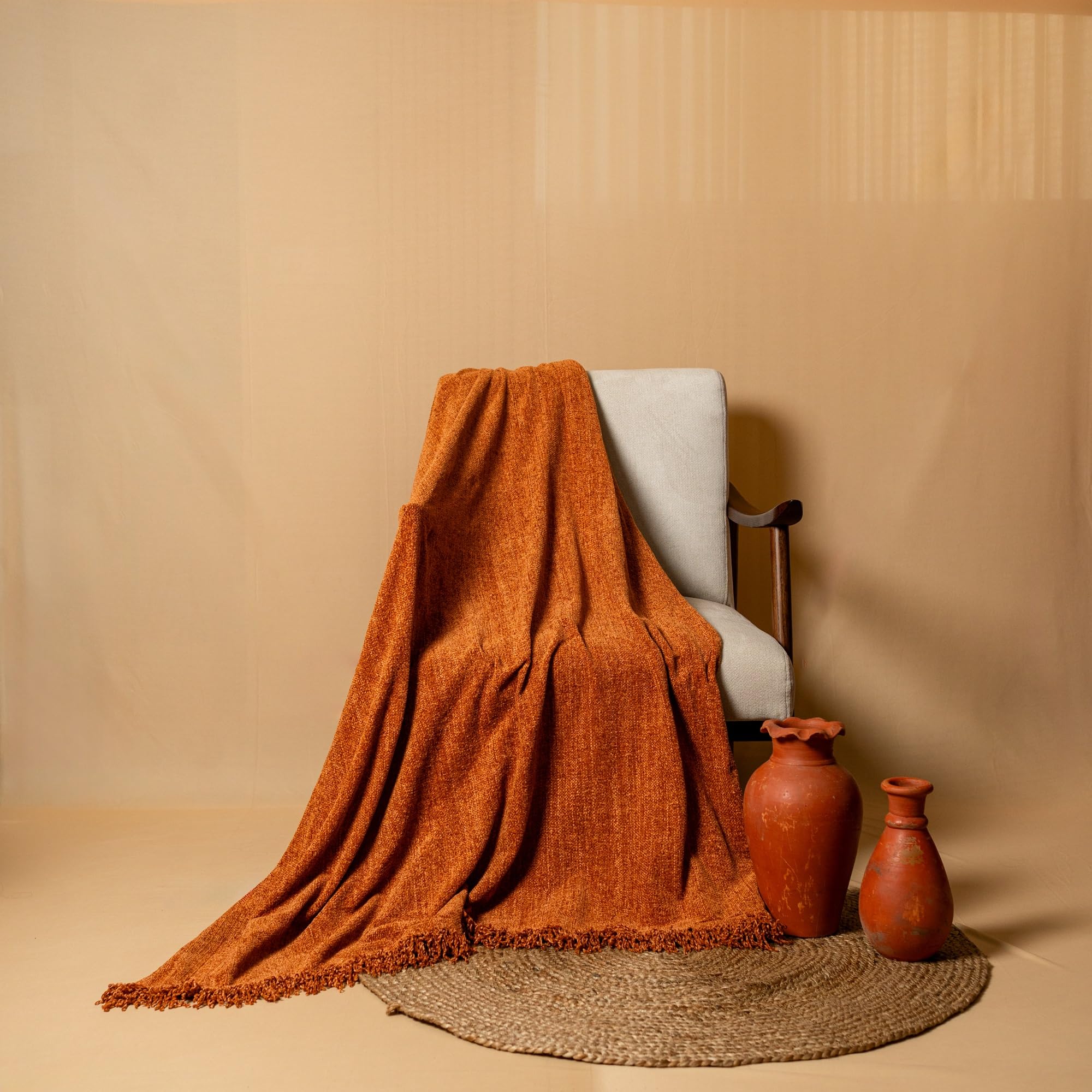 SASHAA WORLD Lightweight Soft Chenille Throw | Throw Blanket for Sofa, Bed, Chair & Travel | Rust Throw Blanket | Pack of 1, 130 x 180 cm Kafalo