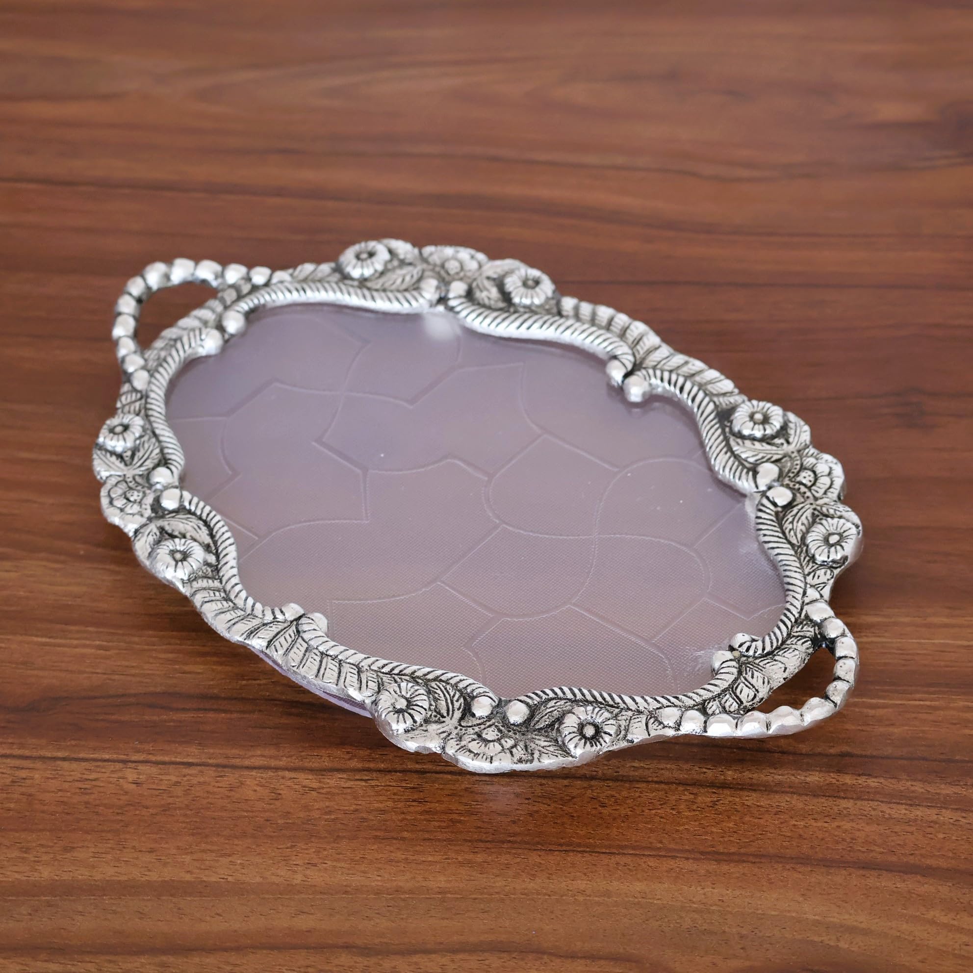 Decorative Fiber Tray with Metal Floral Border, 25 cm Diameter