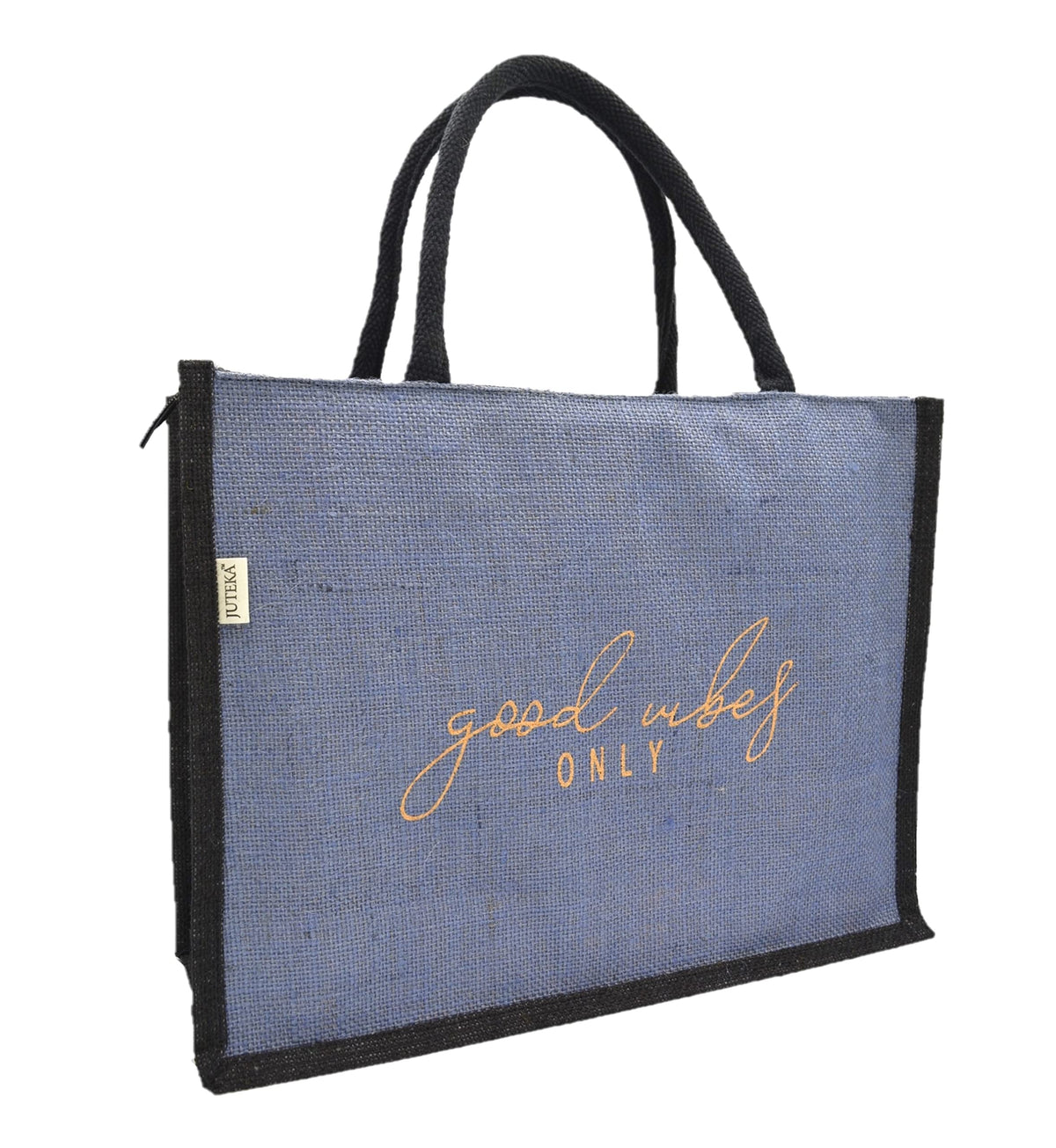 JUTEKA Teal Blue And Black,Quote Printed Jute Bag For Lunch, Office, Grocery, Picnic, Tiffin, Shopping Hand Bag With Padded Cotton Handles - Unisex-Adult