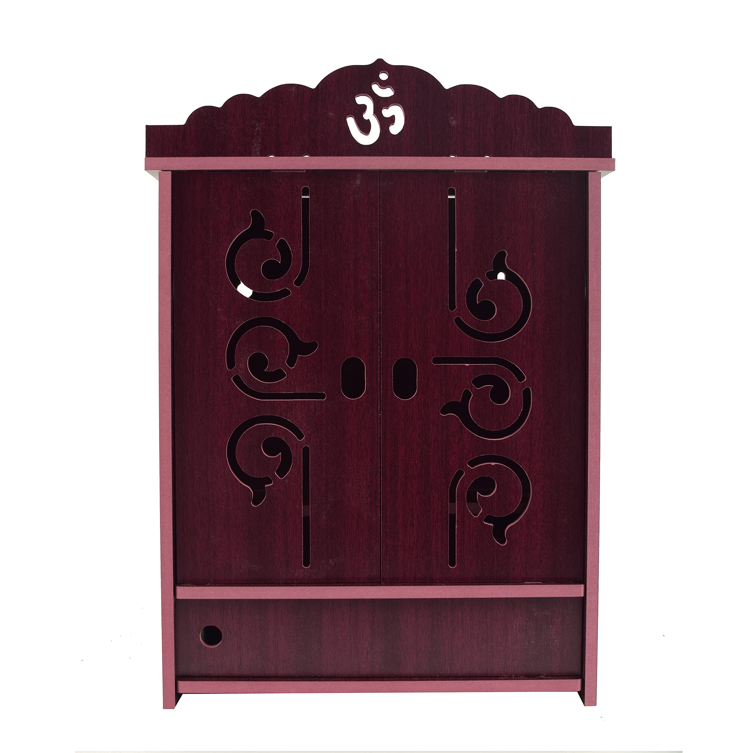 Comert Wooden Temple Cabinet for Home Indian Art Work, Maroon, 19x28x43 cm, Traditional Style, Wall-Mounted, Prayer Room