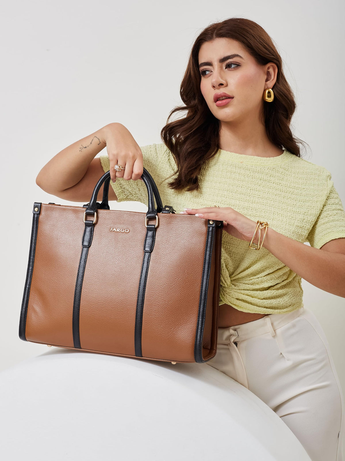 Fargo Iconic Tote Bag for Women | Vegan Leather Handbag with 15-Inch Laptop Compartment, Smooth Zip, Luxury Look | Stylish Office, College & Travel Tote | Made in India (Brown)